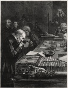 De opening van het Parlement, 31 januari 1893, Mr. William Ewart Gladstone, ondersteund door Mr. Marjoribanks en Mr. H. Gladstone, legt de eed af (illustratie voor The Graphic) door English School