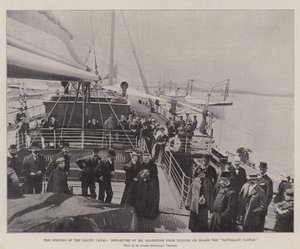 De opening van het Baltische Kanaal, vertrek van Mr Gladstone vanuit Tilbury aan boord van de "Tantallon Castle" (gravure)