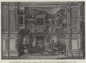 De Parijse tentoonstelling, schoorsteeninrichtingen in nis en deel van eetkamer getoond door Messers Howard and Sons, uit Londen (gravure) door English School