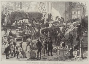 De Parijse Internationale Tentoonstelling, ontvangst van goederen (gravure)