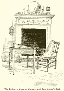 De salon in Chawton Cottage, met Jane Austens bureau door English School