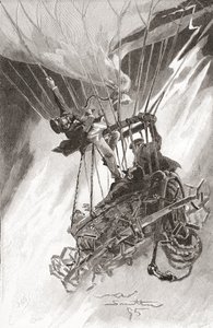 De gevaren van het ballonvaren. Een ballon in moeilijkheden en op het punt te crashen. Uit The Strand Magazine, gepubliceerd in 1896 door English School