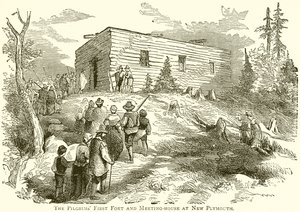 Het Eerste Fort en Vergaderhuis van de Pelgrims in New Plymouth door English School