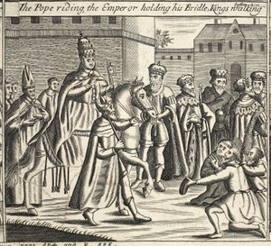 De paus te paard, de keizer houdt zijn teugel vast, koningen lopen voor hem, illustratie uit Handelingen en Monumenten van John Foxe, negende editie, uitgegeven 1684 door English School