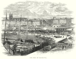 De haven van Barcelona (gravure) door English School