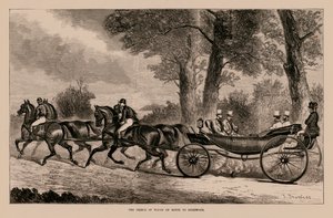 De Prins van Wales op weg naar Goodwood (gravure)