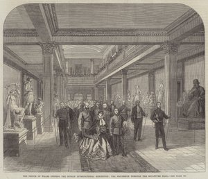 De Prins van Wales opent de Dublin Internationale Tentoonstelling, de Processie door de Beeldhouwzaal (gravure) door English School