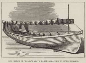 De staatsboot van de prins van Wales, verbonden aan HMS Serapis door English School