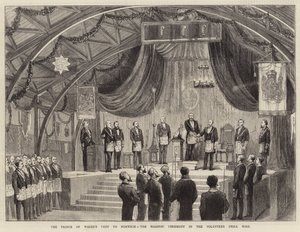 Het bezoek van de Prins van Wales aan Norwich, de vrijmetselaarsceremonie in de vrijwilligersdrillhal