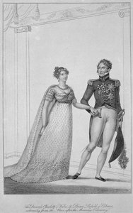 De prinses Charlotte van Wales en prins Leopold van Coburg keren terug van het altaar na de huwelijksceremonie, 1816