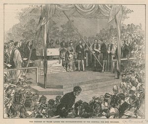 De Prinses van Wales legt de eerste steen van het Ziekenhuis voor Zieke Kinderen door English School