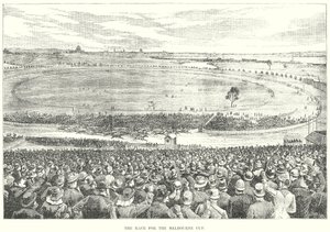De race om de Melbourne Cup (gravure) door English School