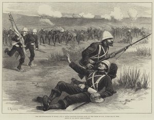 De verkenning in kracht, 5 augustus, Royal Marines trekken zich terug aan het einde van de dag, onder zwaar vuur (gravure) door English School