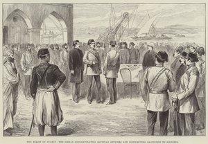 De bevrijding van Suakin, de Sirdar feliciteert Egyptische officieren en deelt gratificaties uit aan soldaten