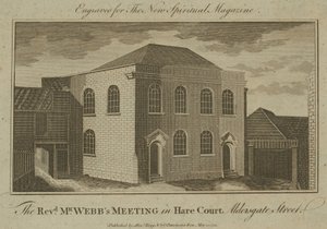 De bijeenkomst van de eerwaarde Mr. Webbs in Hare Court, Aldersgate Street