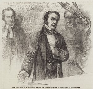 De Zeer Eerwaarde W E Gladstone legt de Eerste Steen van de School in Golden-Lane door English School