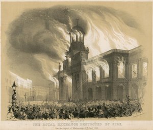 De Royal Exchange, Londen, verwoest door brand in de nacht van 10 januari 1838 door English School