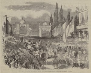 De koninklijke processie door de Grote Markt, met de paviljoens bij de Port Scharbeck, Brussel door English School