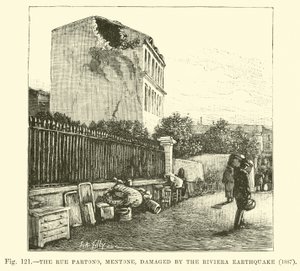 De Rue Partono, Mentone, beschadigd door de aardbeving aan de Rivièra, 1887 door English School