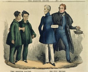 De Siamese Jongens - Onze Eigen Jongens, satirische cartoon uit The Looking Glass, c.1829