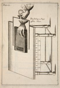 Het afschuiven van een pagina van de plak, pub. 1683 gravure door English School