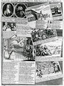 Het toneelmedley dat de beleefde smaak van de stad en de onovertroffen verdiensten van dichter G., Polly Peachum en kapitein Macheath vertegenwoordigt, ca.1728 door English School