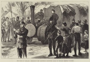 De toestand van Ierland, noodhulp mannen die geboycotte goederen naar het station van Thurles vervoeren door English School