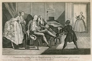 Het stelen van een kus: Een humoristische gravure naar een origineel schilderij in Vauxhall Gardens, Londen