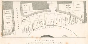 The Strand, Londen, vóór de verbetering in het jaar 1810; plan van het gebied door English School