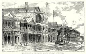 Het eindpunt van de Panamaspoorweg in Colon (Aspinwall) (gravure) door English School