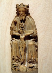 De Drie-eenheid God verleidt zijn zoon Jezus aan het kruis. Beeldhouwwerk in albast van de Engelse School. 15e eeuw Parijs, Nationaal Museum van de Middeleeuwen, Thermen van Cluny