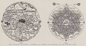 De eenwording van Londen, een voorstel voor het definiëren en gelijktrekken van de nieuwe gemeentelijke gebieden (gravure) door English School