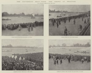 De universiteitsbootrace, de bemanningen aan het oefenen (gravure) door English School