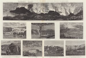 De vulkaanuitbarsting van Mount Tarawera, in het warmwaterbronnengebied van Nieuw-Zeeland, vernietiging van het dorp Wairoa
