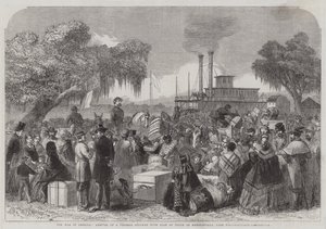 De Oorlog in Amerika, Aankomst van een Federale Stoomboot met Vredesvlag in Madisonville, Lake Portchartrain (gravure) door English School