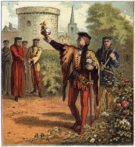 De Oorlog van de Twee Rozen (1455-1485): het begin van het conflict. Een heer van het Koninklijk Huis van York plukt een witte roos en een andere van het Koninklijk Huis van Lancaster plukt een rode roos. Illustratie van de Engelse Burgeroorlog ontstaan do door English School