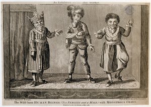 De Wildgeboren Mensen (Twee Vrouwen en een Man) met Monsterlijke Kelen, zoals Tentoonstelling in de Haymarket, gedrukt voor Carington Bowles, 1787 door English School