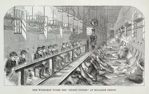 De Werkplaats onder het Stille Systeem in de Millbank Gevangenis, uit The Criminal Prisons of London and Scenes of Prison Life door Henry Mayhew (1812-87) en John Binny, 1862