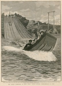 De Wereld Water Show in Earls Court, Londen; Captain Boytons Water Toboggan in actie