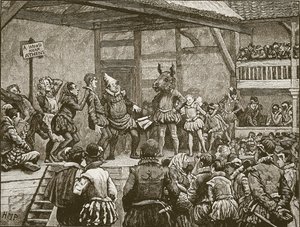 Het opvoeren van een van Shakespeares toneelstukken in de tijd van koningin Elizabeth, illustratie uit Cassells Geïllustreerde Geschiedenis van Engeland door English School
