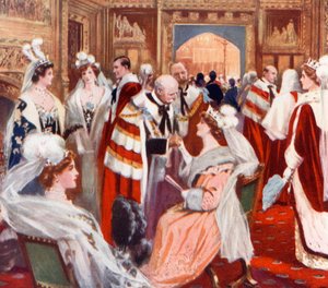 De voorkamer van het Hogerhuis voor de Staatsopening van het Parlement door English School