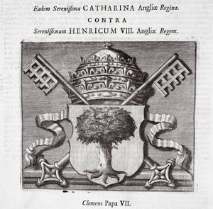 De wapens van paus Clemens VII, illustratie uit Handelingen en Monumenten van John Foxe, negende editie, uitgegeven 1684