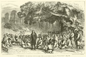 "De samenkomsten werden soms in een bos gehouden, waar menigten samenstroomden om het woord van God te horen" (gravure) door English School