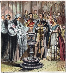 De doop van de Prins van Wales, die koning Edward VII (1841-1910) werd, in aanwezigheid van zijn ouders, koningin Victoria I (1819-1901) en prins Albert van Saksen Cobourg Gotha door English School