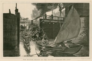 Het vaarseizoen op de Theems - het openen van de sluis (gravure)