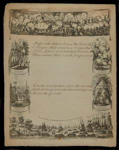 Het bombardement van Kopenhagen door de Britse troepen en De landing van de Britse troepen op het eiland Zeeland, uitgegeven door T. en R. Hughes in 1807 door English School