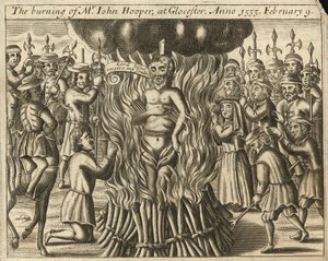 De verbranding van John Hooper in Glaucester, 9 februari 1555 (gravure) door English School