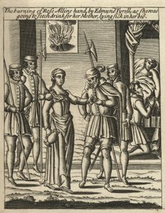 De verbranding van Rose Allins hand door Edmund Tyrell (gravure) door English School