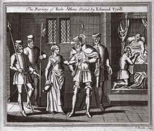 Het verbranden van de hand van Rose Allin door Edmund Tyrill, illustratie uit Foxes Martelaren ca. 1703