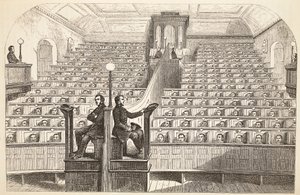 De kapel, op het afzonderingssysteem, in de Pentonville-gevangenis tijdens de kerkdienst, illustratie uit The Criminal Prisons of London and Scenes from Prison Life door Henry Mayhew en John Binny, uitgegeven 1862